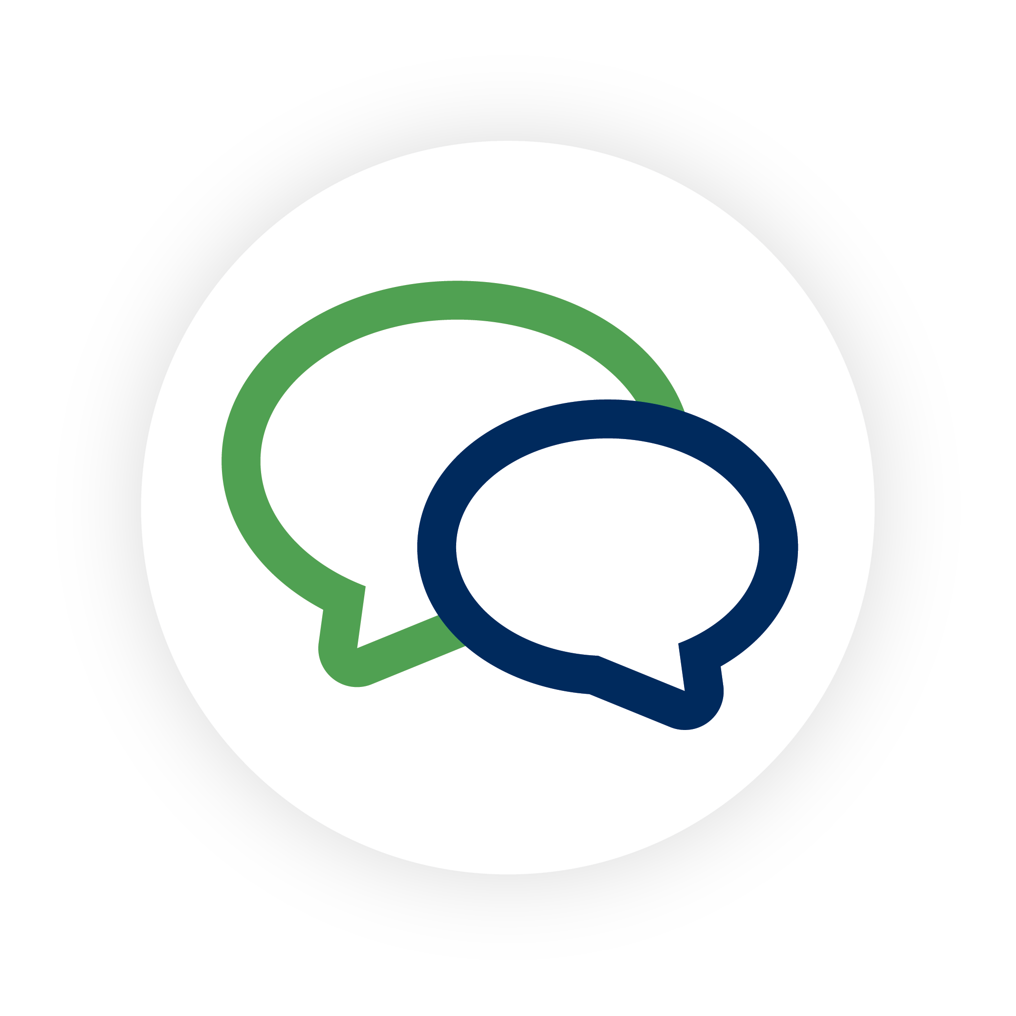Logo featuring two overlapping speech bubbles, one green and one blue, centered within a black circle.