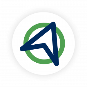 Logo of a dark blue cursor arrow centered within three concentric circles in black, green, and blue.