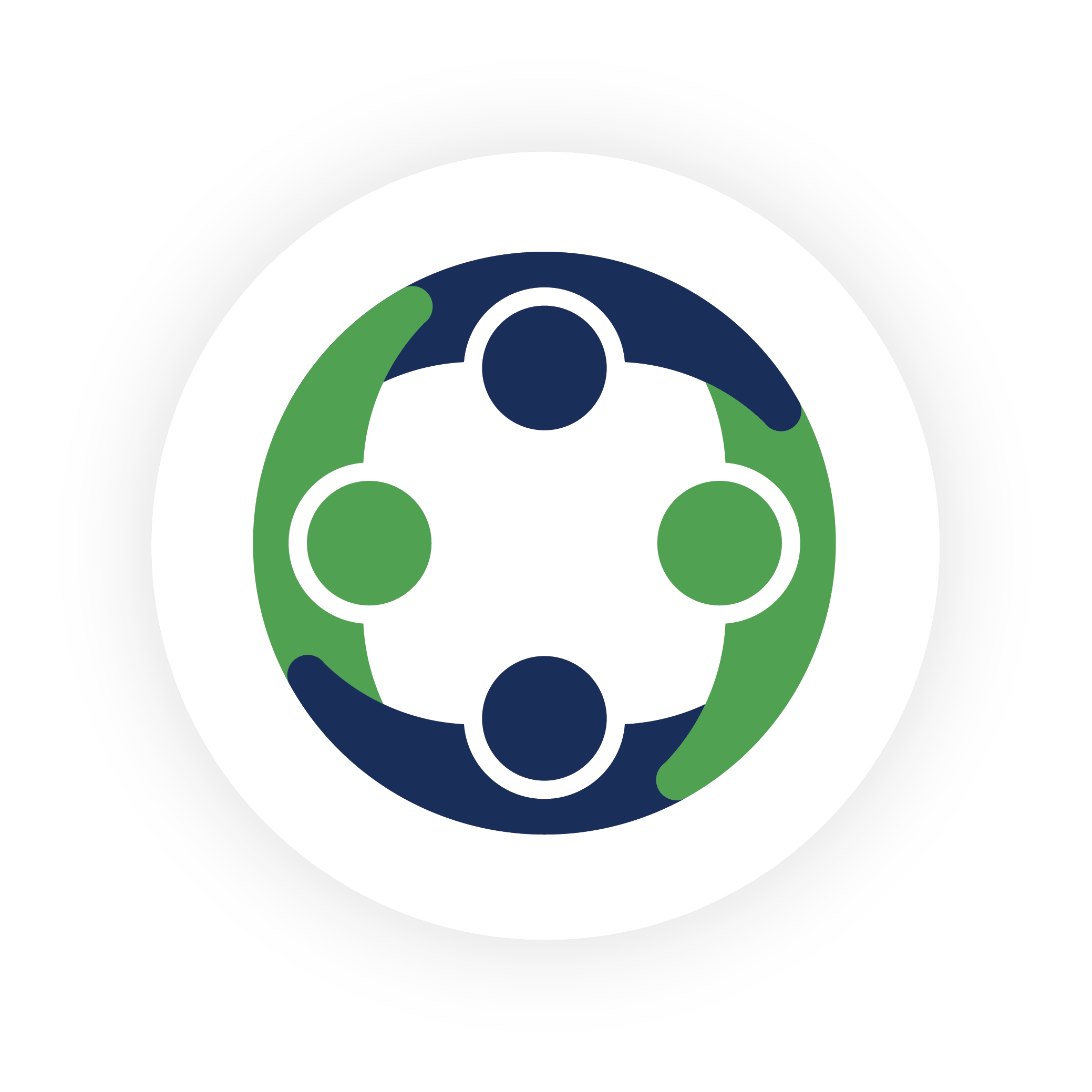 Logo featuring a circular design with a stylized globe in green and blue, surrounded by four white circles interconnected by black rings.