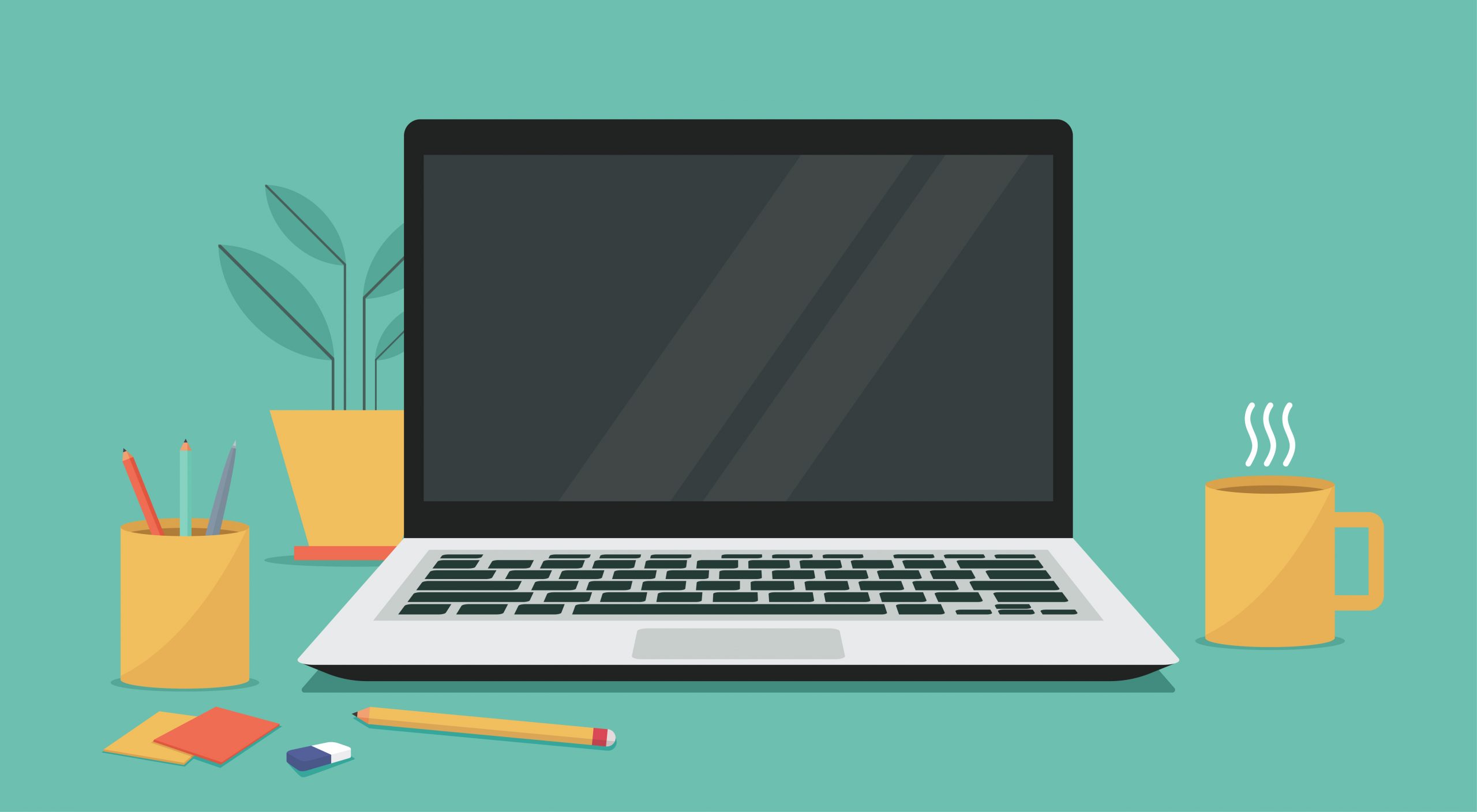 an illustration of a laptop and pencil on a table with a plant and a cup of coffee beside it