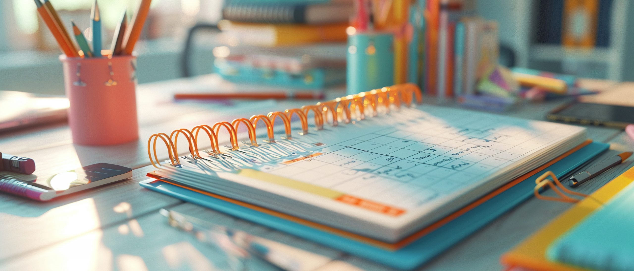 Open planner with handwritten notes on a desk surrounded by pencils, erasers, and a calculator in a brightly lit, colorful setting.