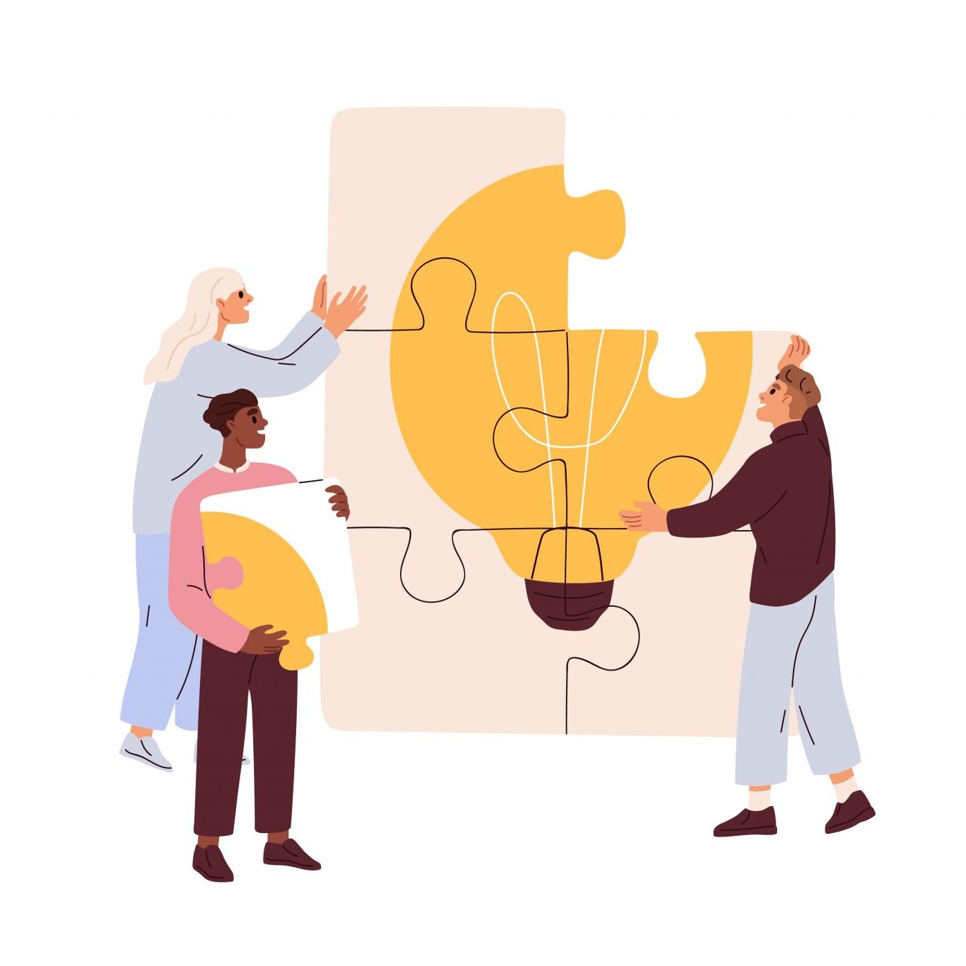 Colourful illustration on white background of group of people working on puzzle that makes a lightbulb.